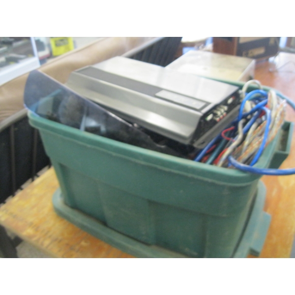 BIN OF CAR STEREO AMPLIFIER 6X9s, SPEAKER CORDS, ETC.