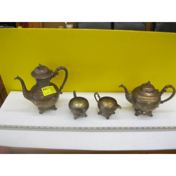 BRASS 4 PIECE TEAPOT & CREAM & SUGAR SET