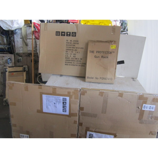 3 NEW BAR TABLES W/LEGS IN BOX & NEW GUNRACK FOR INSIDE SAFE