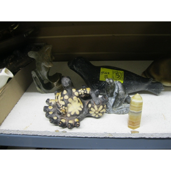 5 ASST. ITEMS - CANDLEHOLDER, SEAL SOAPSTONE CARVING, ETC.