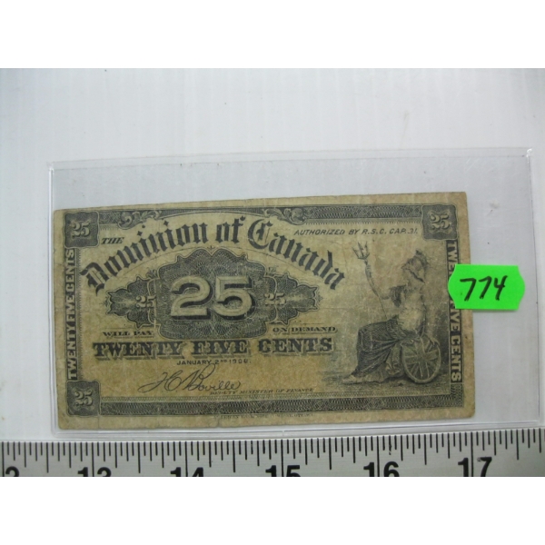 1900 DOMINION OF CANADA CDN SHINPLASTER 25 CENT BILL