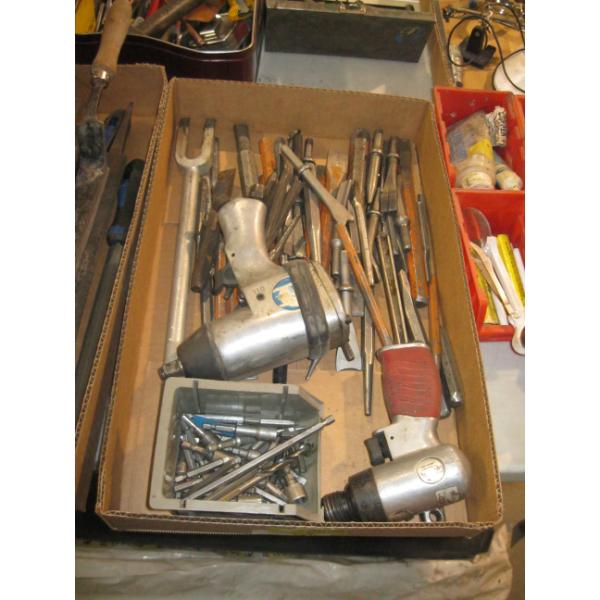 BOX OF ASS'D CHISELS, PUNCHES, AIR TOOLS, ETC.