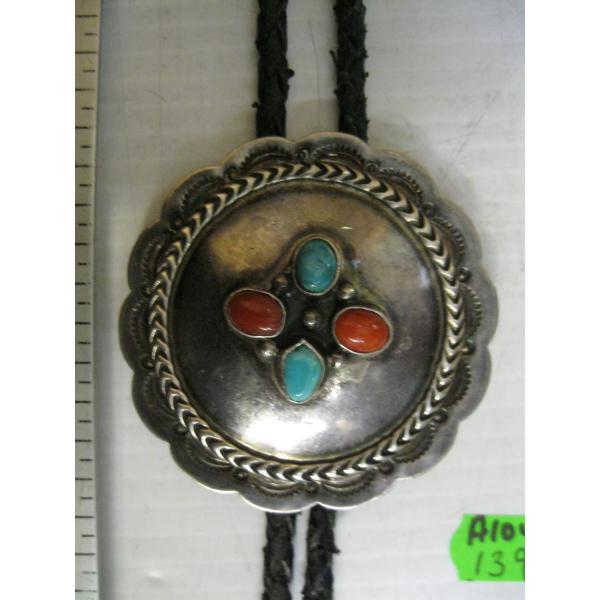SILVER, CORAL & TURQUOISE NAVAJO BOLO TIE