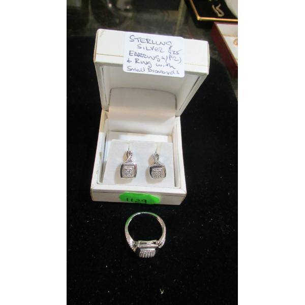 STERLING SILVER . 925 EARRINGS & RING W/SM. DIAMONDS