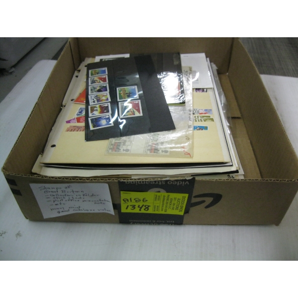 BOX OF ASST. STAMPS - GREAT BRITAIN, STOCK SHEETS, ETC.