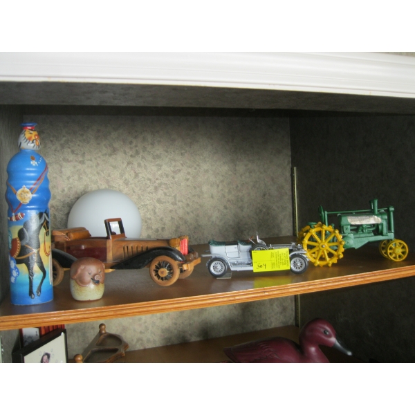 MISC. WOODEN CAR, IRON TRACTOR, ETC.
