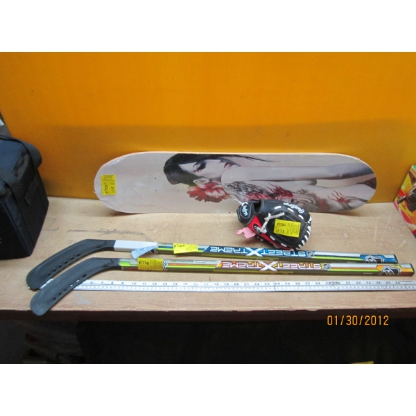 KIDs BALL GLOVE, HOCKEY STICKS & NEW SKATEBOARD DECK