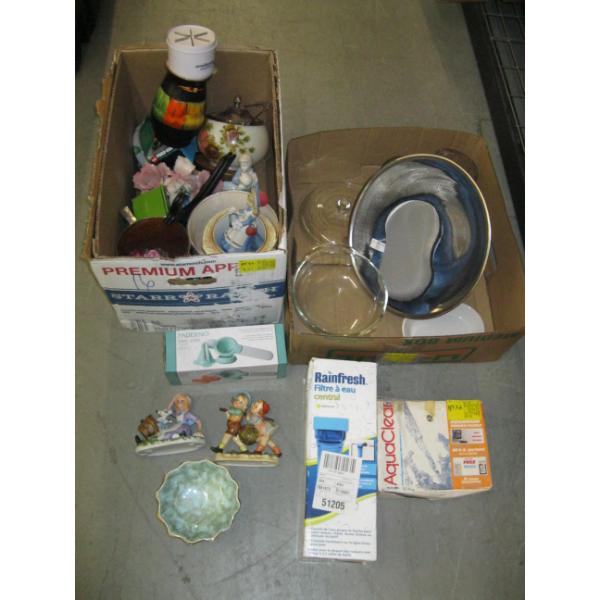 2 BOXES OF MISC. WATER FILTER, VASES, FIGURINES, BOWLS, ETC.