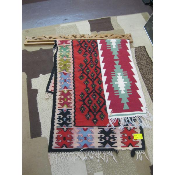 2 WOVEN WALL HANGINGS W/DRAGON CARVED HANGER