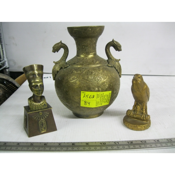INTERESTING BRASS DRAGON HANDLE VASE & 2 SMALLER BRASS PIECES