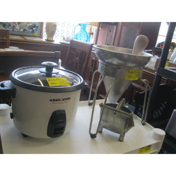 BLACK & DECKER RICE COOKER, VINTAGE CITRUS JUICER &  A CHINOIS