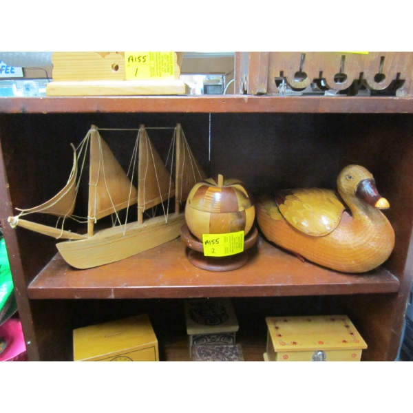 WOODEN SAILING SHIP, WICKER DUCK, WOODEN CONTAINER, ETC.
