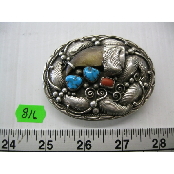 SILVER NAVAJO BELT BUCKLE W/CLAW & TURQUOISE CORAL STONES, STAMPED STERLING