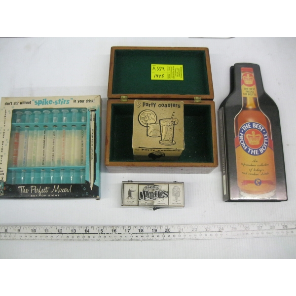 ASST. PARTY COASTERS, WOODEN BOX, GLASS SPIKE STIRRERS, ETC.