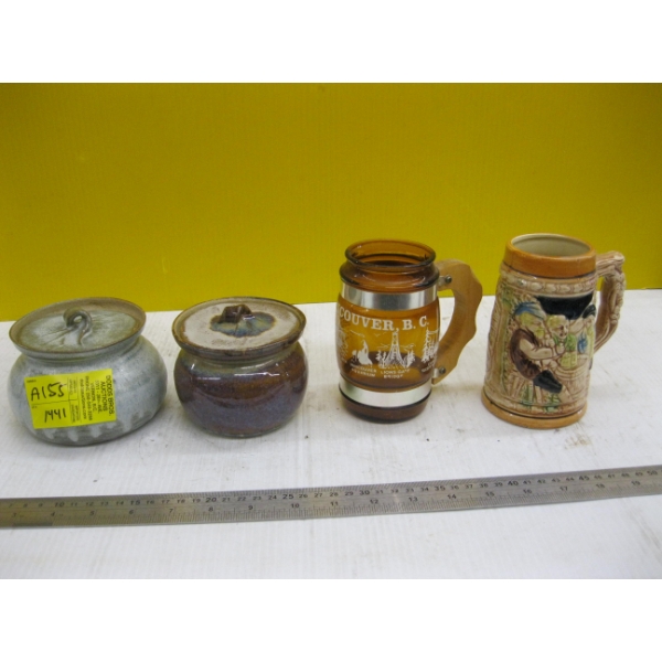 2 LIDDED CERAMIC DISHES & 2 MUGS