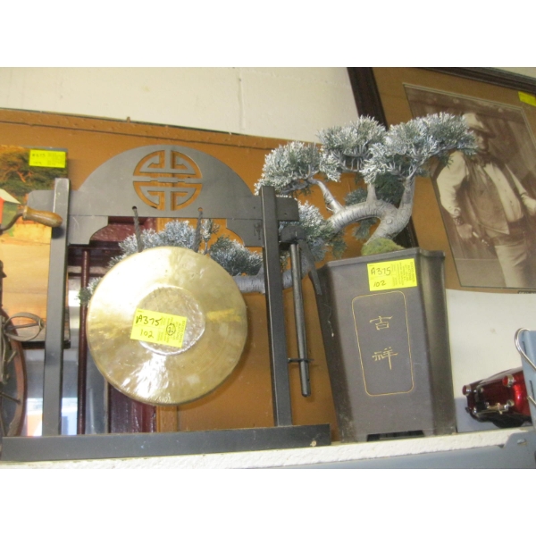 ASIAN BRASS DRUM & ARTIFICIAL TREE