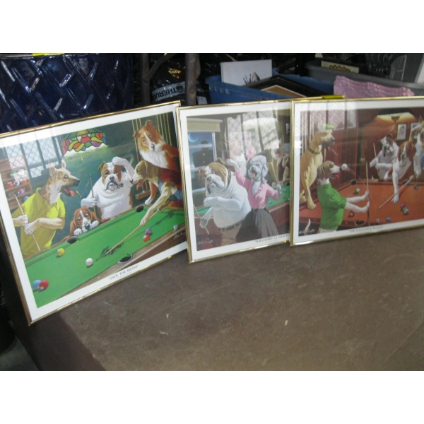 3 FRAMED POKER & POOL PLAYING DOG PRINTS