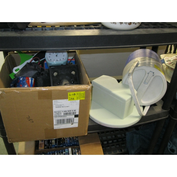 MISC. ALARM CLOCK, MUGS, BEAR KLEENEX BOX COVER, BOOKS, WATER JUG, ETC.