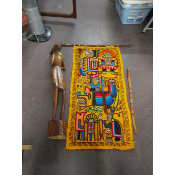 CARVED AFRICAN FIGURINE, WALL HANGING & STICK