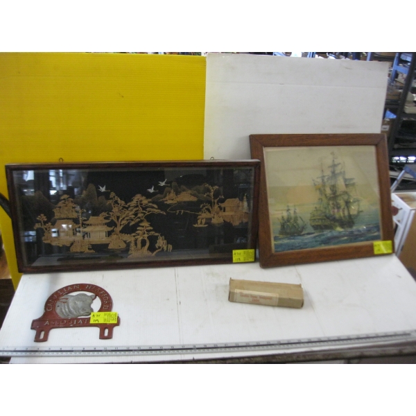2 PICTURES, CDN HEREFORD METAL PLAQUE & A BELT