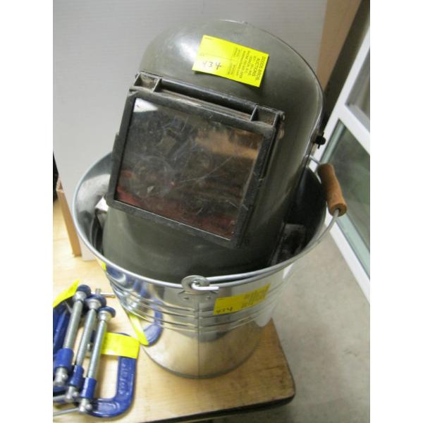 PAIL W/ASST. WELDING HELMET, GLOVES, ETC.