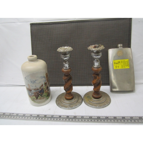 BARLEY TWIST CANDLEHOLDERS, FLASK & A CROCKERY VASE