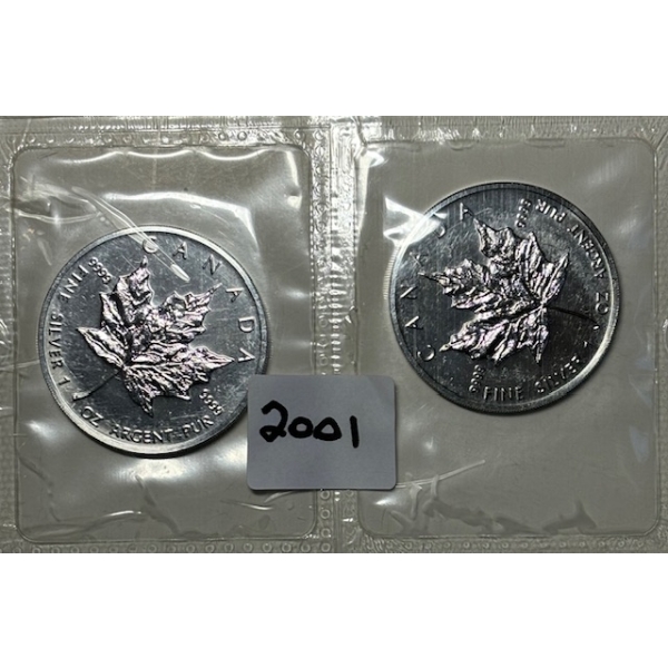2 - 2001 CDN 1 OZ. .999 SILVER MAPLE LEAF COINS (TAX EXEMPT)