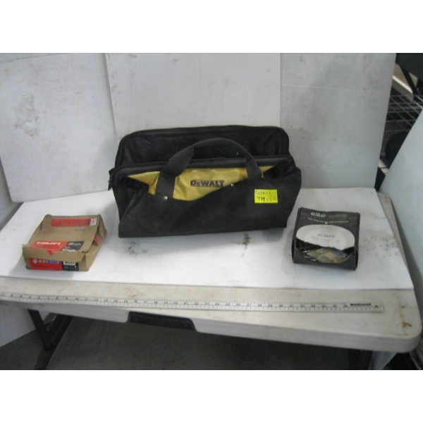DEWALT TOOL BAG W/MISC. STRIP NAILS, ETC.