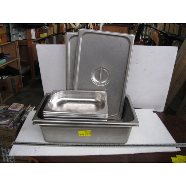 6 SMALL STAINLESS STEEL FOOD TRAYS & 2 LG. STAINLESS STEEL FOOD TRAYS W/LIDS