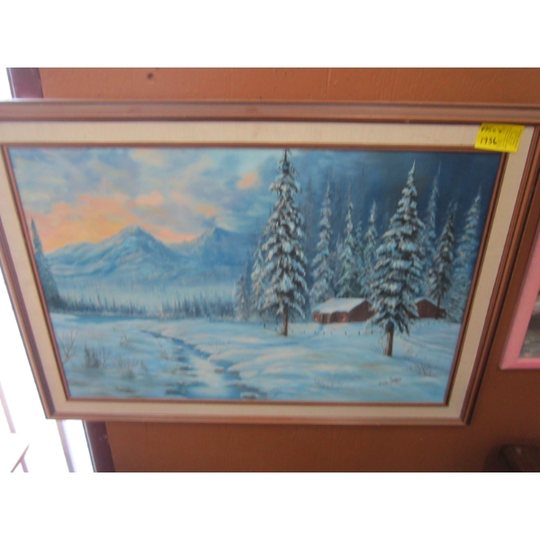 LG. PAINTING OF CABIN IN FOREST & MOUNTAINS