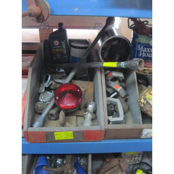 2 BINS OF MISC: PINTLE HITCH, HANDLES, TIRE IRON, ETC.