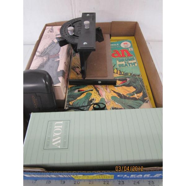 MISC. ITEMS - AVON COLLECTABLES, MITER CUTTER, COMIC, ETC.