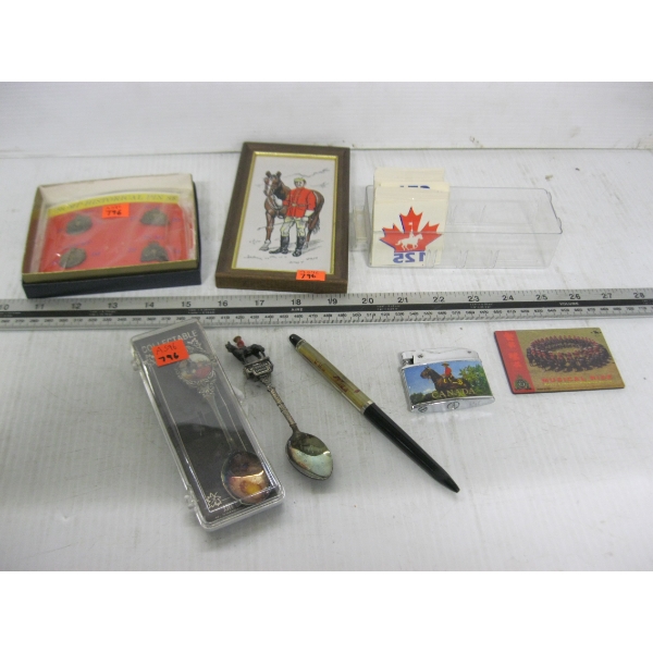 COLLECTABLE RCMP ITEMS - PIN SET, PHOTO, LIGHTER, SPOONS, ETC.