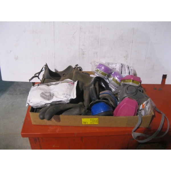 BOX OF MISC. - MASKS, EAR PROTECTORS, FILTERS, CARTRIDGES FOR MASKS, ETC.