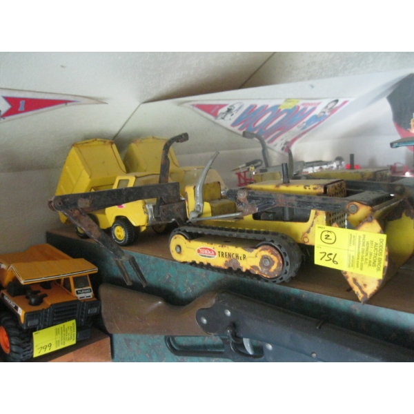 2 SM. TONKA TOYS - ROUGH BACK HOE TRENCHER/LOADER & A DUMP TRUCK