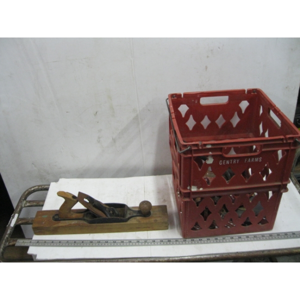 BIN OF MISC. WOOD & METAL WOOD PLANE, DRILL, BENCH VISE, HATCHET, ETC.
