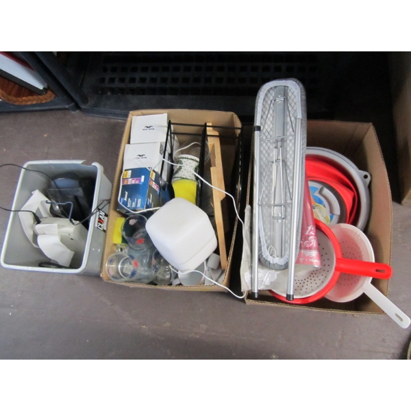 2 FLATS OF DISHWARE, SM. IRONING BOARD, STRAINERS, GARBAGE CAN, ETC.