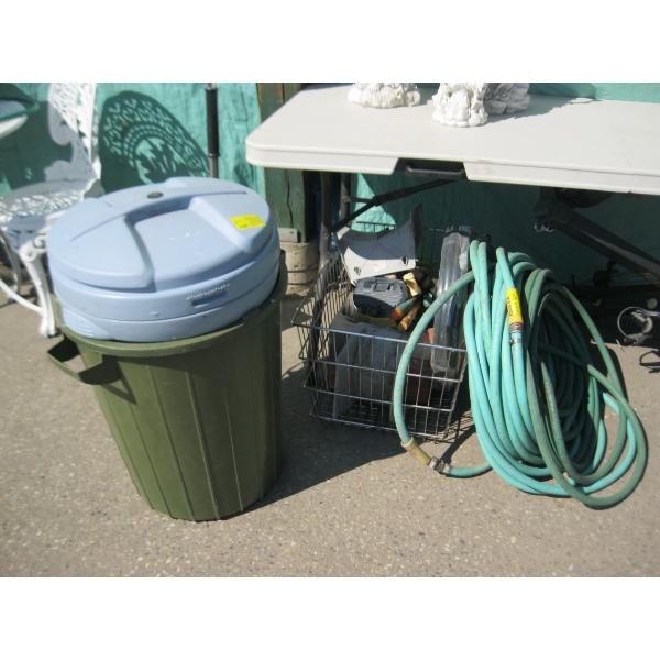 2 GARBAGE CANS, 2 HOSES & BASKET OF GARDEN SUPPLIES