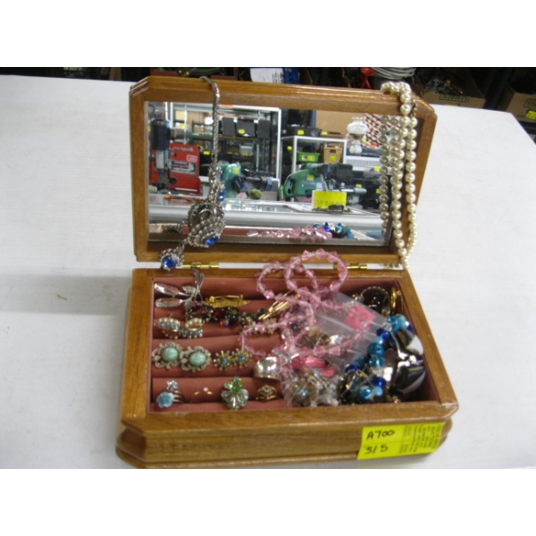 WOODEN JEWELLERY BOX W/ASST. FASHION JEWELLERY