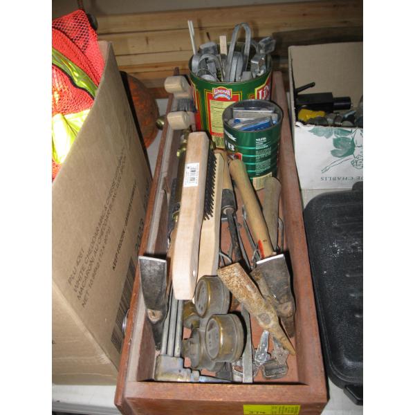 TRAY W/ASST. HAMMERS, STRIKERS, WIREBRUSHES, GAUGES, CUTTING TORCH, ETC.