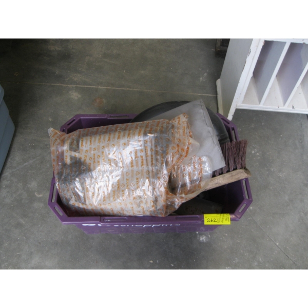 BIN W/MISC. BROOM, TROWELS, STILL, BLOWER BAG, ETC.