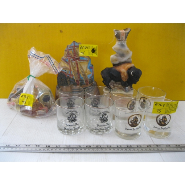 COLLECTABLE  HUDSON BAY GLASSES & LIQUOR BOTTLES & SM. LIQUOR BOTTLES