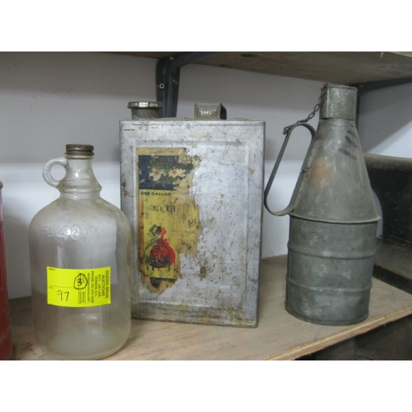 2 TIN CONTAINERS & A GLASS BOTTLE
