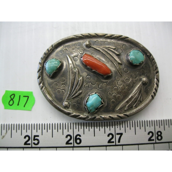 SILVER W/TURQUOISE CORAL & STONE BELT BUCKLE W/MARKINGS, AZ7AW14