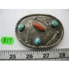 Image 1 : SILVER W/TURQUOISE CORAL & STONE BELT BUCKLE W/MARKINGS, AZ7AW14