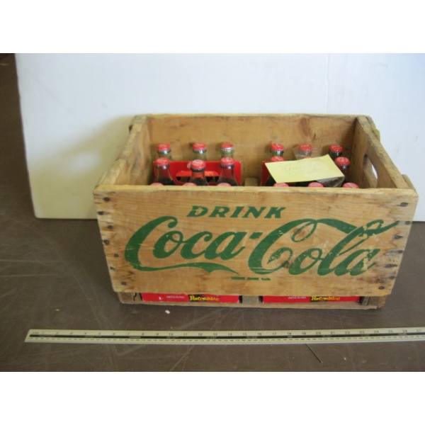 GREEN WRITING ORIGINAL COCA COLA WOODEN CRATE W/FULL COKE BOTTLES
