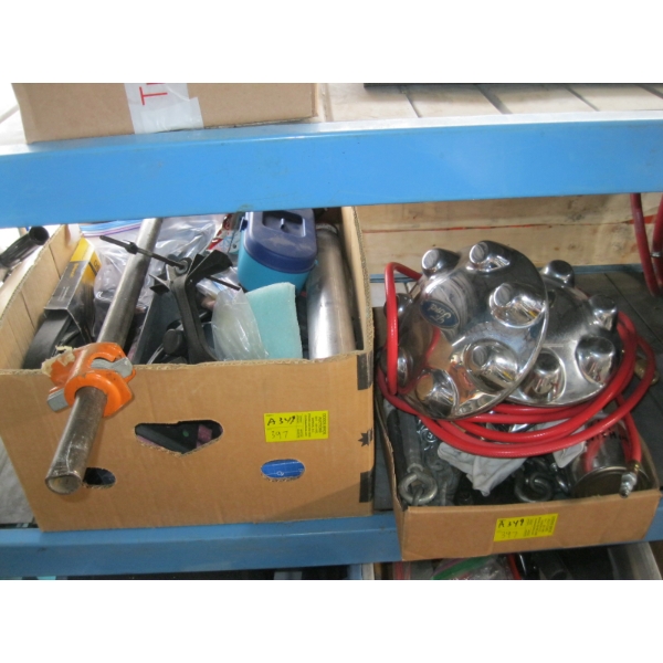 2 BOXES OF MISC. HUBCAPS, AIRLINE, BELTS, ETC.