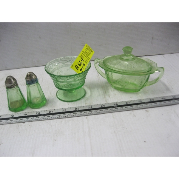 2 GREEN GLASS DISHES & 2 S&P SHAKERS