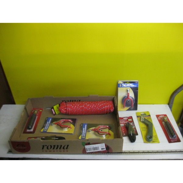 MISC. ROPE, MAGNETIC HOOKS, UTILITY KNIVES, ETC.