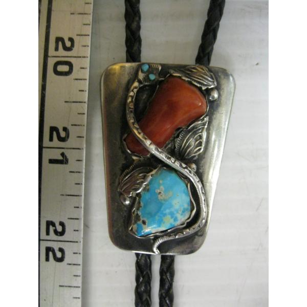 SILVER, CORAL & TURQUOISE NAVAJO BOLO TIE